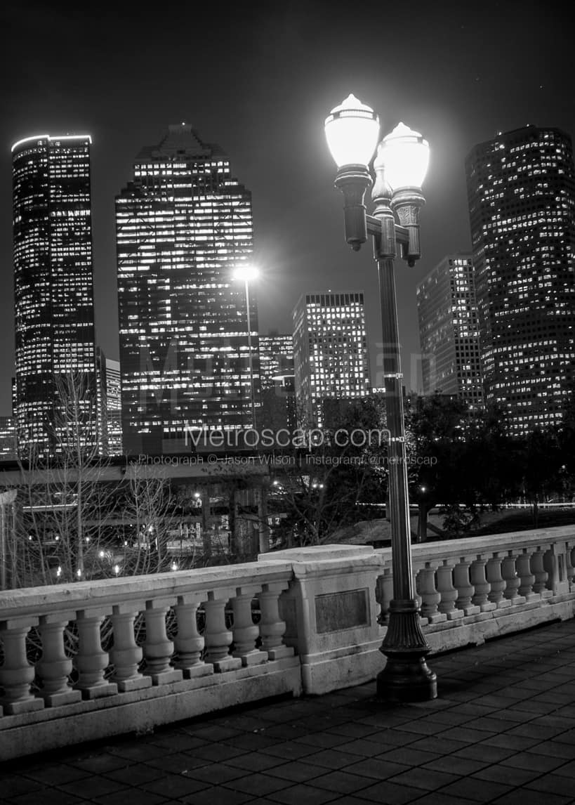 An Illuminated Street Lamp on the Sabine Bridge black and white Photography