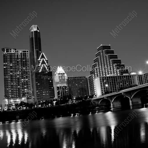 The New Austin Skyline at Night on the Colorado -- Austin Black and White Photography