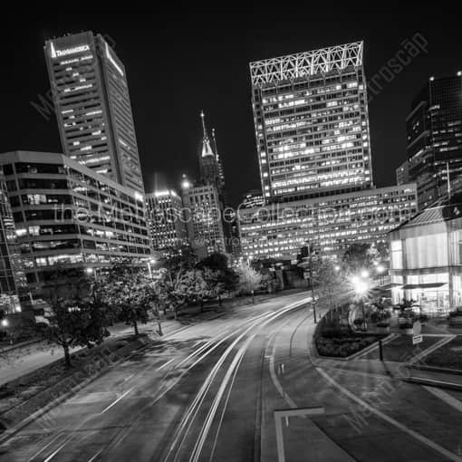 Light and Pratt Street at Night -- Baltimore Black and White Photography