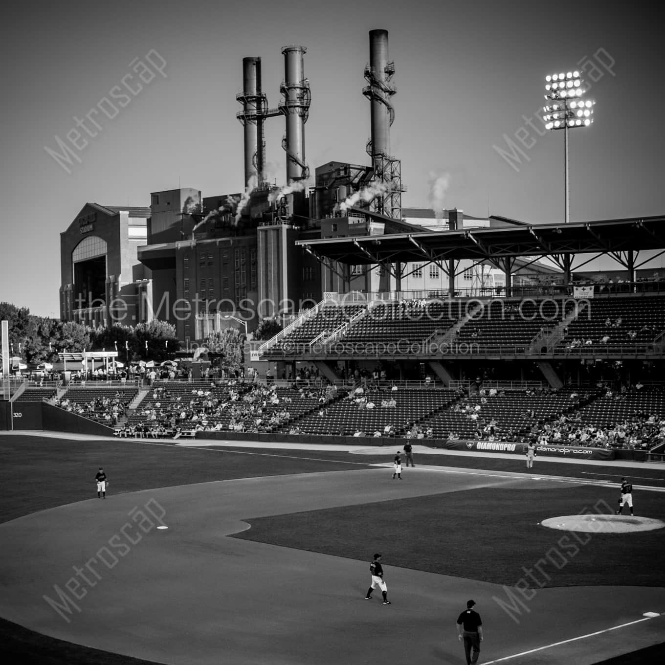 Victory Field and Citizens Thermal Power Plant architecture black and white Photography square crop