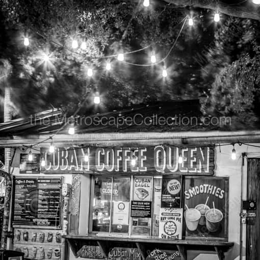 A Cuban Coffee Queen Stand at Night -- Key West Black and White Photography