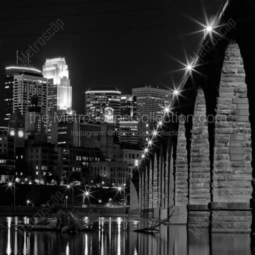The Stone Arch Bridge and Minneapolis Skyline -- Minneapolis Black and White Photography