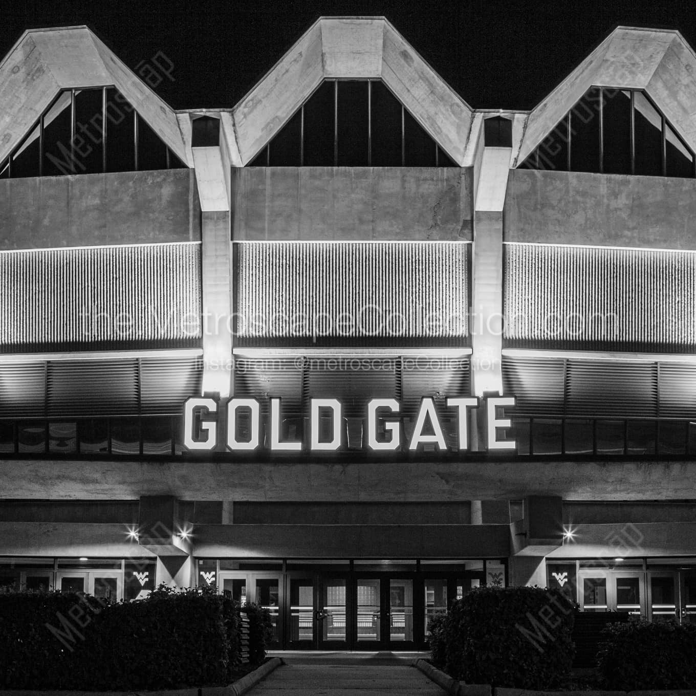 WVU Coliseum Gold Gate at Night architecture black and white Photography square crop