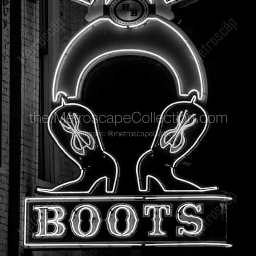 Nashville Black and White Photography of The Bottom of the Hats and Boots Neon Sign The Bottom of the Hats and Boots Neon Sign -- Nashville Black and White Photography