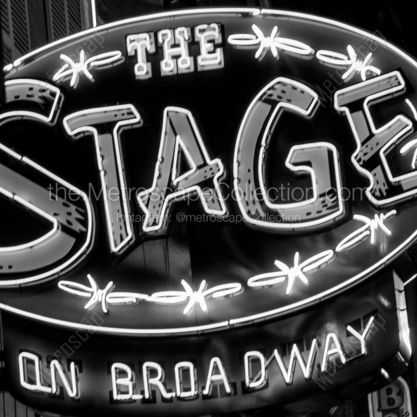 The Neon Sign of The Stage on Broadway architecture black and white Photography square crop