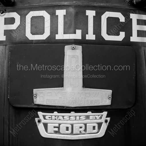Matte Black WOOD Framed Black and White New York City Photograph: An Old NYPD Paddy Wagon Crest in a Square Matte Black Wood Frame