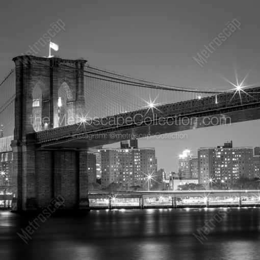 Matte Black WOOD Framed Black and White New York City Photograph: The Brooklyn Bridge at Night from the South in a Square Matte Black Wood Frame