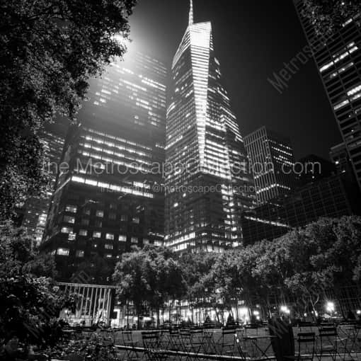 Matte Black WOOD Framed Black and White New York City Photograph: Bryant Park at Night in a Square Matte Black Wood Frame