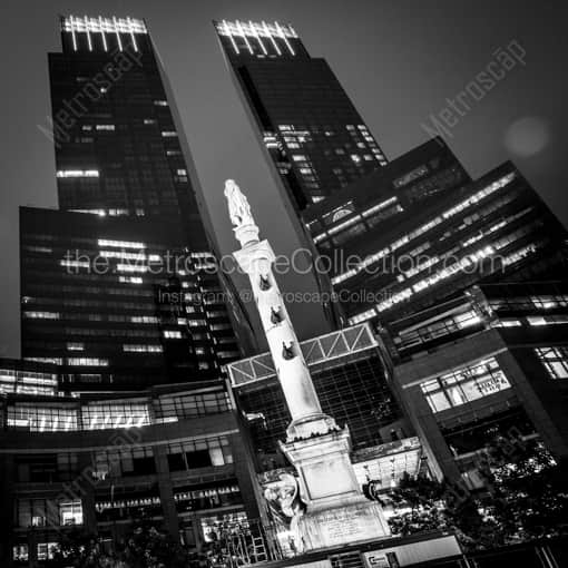 Matte Black WOOD Framed Black and White New York City Photograph: Columbus Circle at Night in a Square Matte Black Wood Frame
