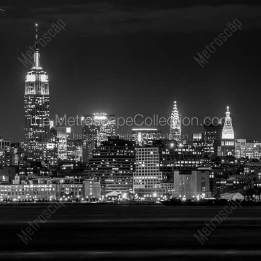 New York City Black and White Photography of The Midtown Manhattan Skyline at Night from Liberty Park The Midtown Manhattan Skyline at Night from Liberty Park -- New York City Black and White Photography