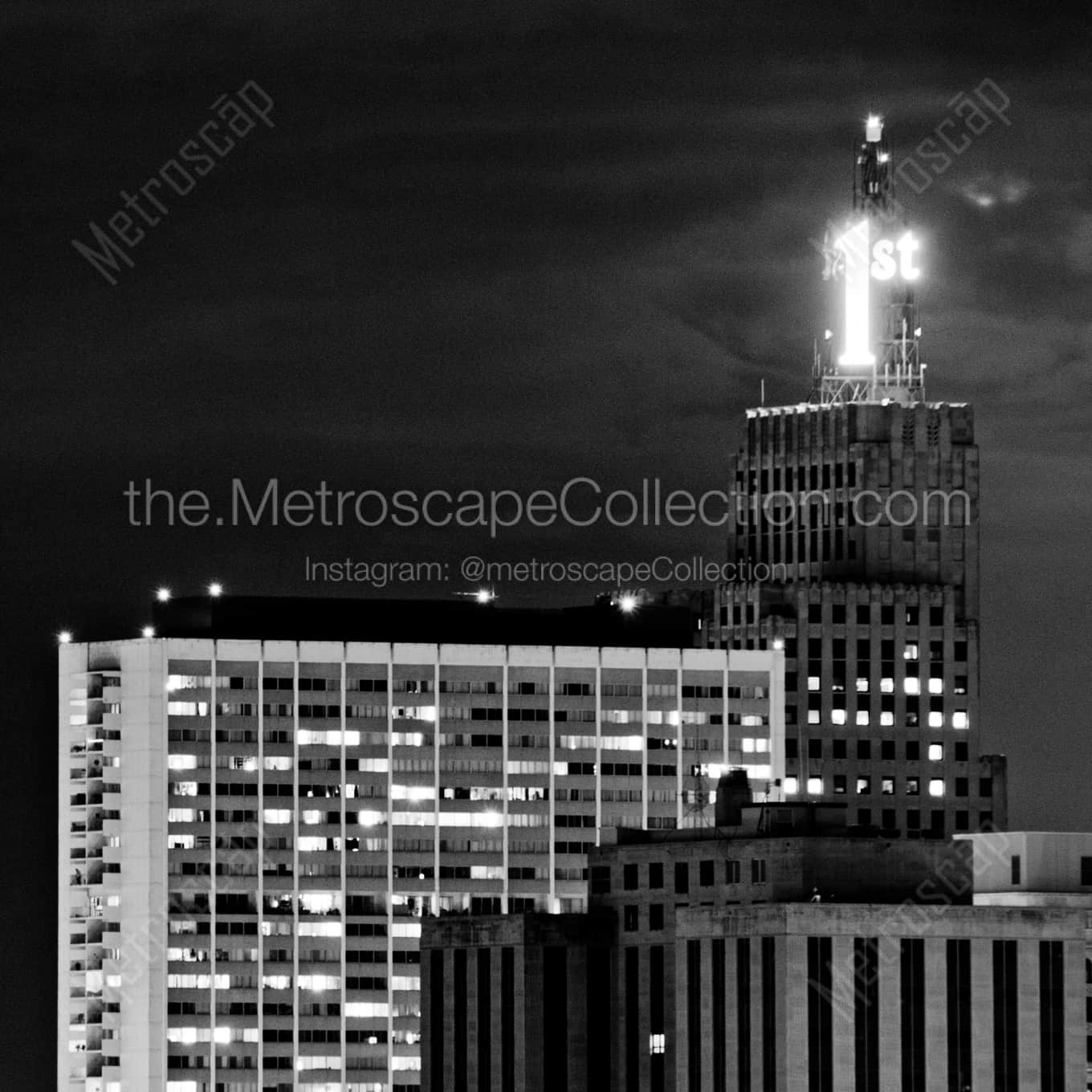 The Top of the FIrst Farmers and Merchants Bank architecture black and white Photography square crop