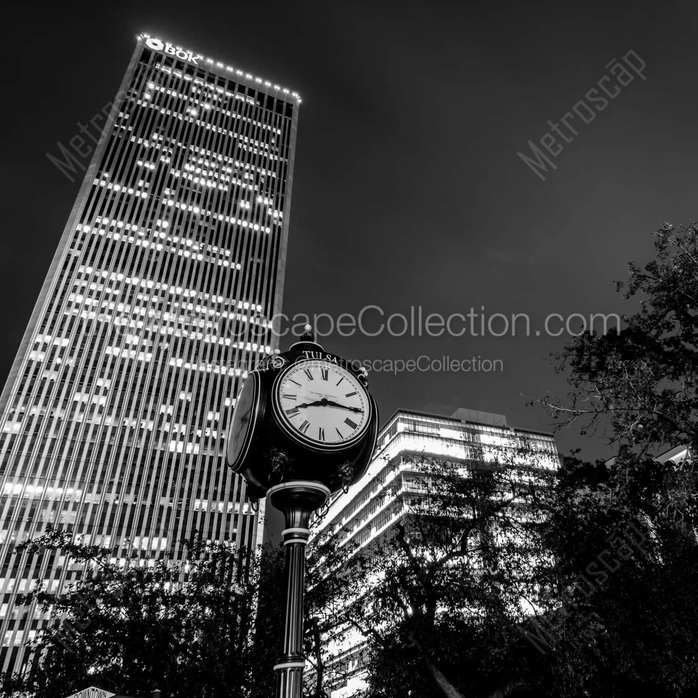 The Bank of Oklahoma Building at Night architecture black and white Photography square crop