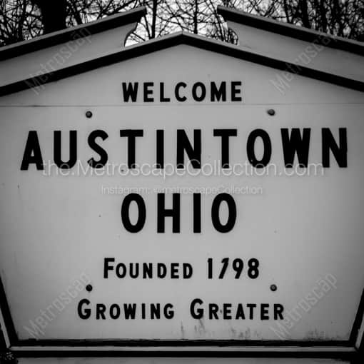 Matte Black MDF Framed Black and White Austintown Photograph: The Austintown Ohio Sign in a Square Matte Black MDF Frame