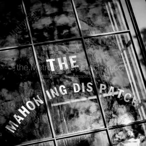 Matte Black MDF Framed Black and White Canfield Photograph: The Old Mahoning Dispatch Window in a Square Matte Black MDF Frame