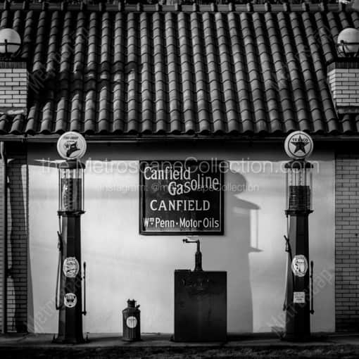 Matte Black MDF Framed Black and White Canfield Photograph: The Old Style Texaco Gas Pumps in Canfield in a Square Matte Black MDF Frame