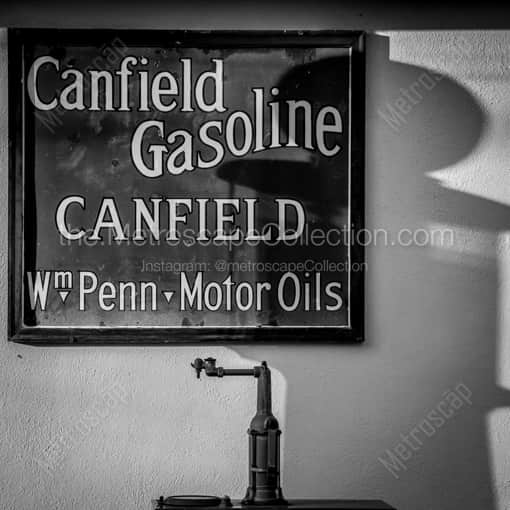 Matte Black MDF Framed Black and White Canfield Photograph: The Shadow of an Old Texaco Gas Pump in a Square Matte Black MDF Frame