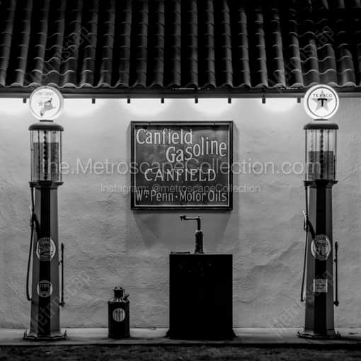 Matte Black MDF Framed Black and White Canfield Photograph: Old Texaco Fire Chief Gas Pumps in a Square Matte Black MDF Frame