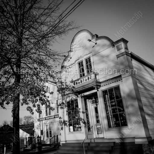 Matte Black MDF Framed Black and White Canfield Photograph: Canfield Township Hall and Mahoning Dispatch in a Square Matte Black MDF Frame