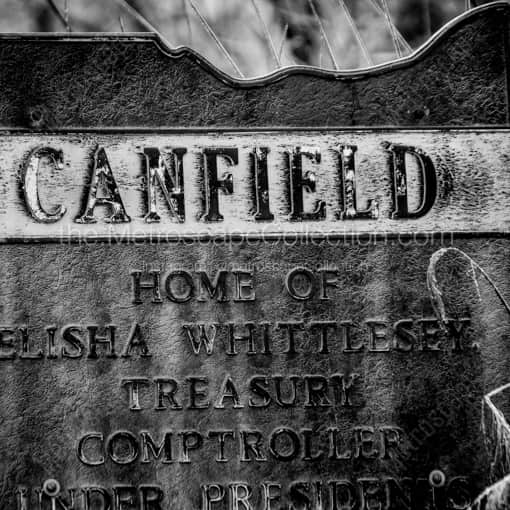 Matte Black MDF Framed Black and White Canfield Photograph: A Canfield Ohio Historical Marker in a Square Matte Black MDF Frame