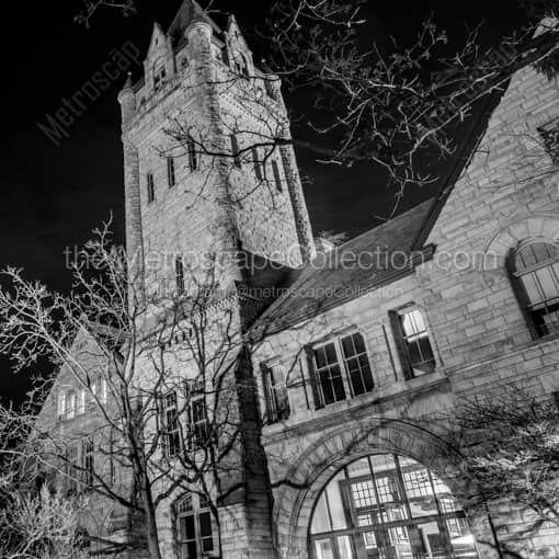 Matte Black MDF Framed Black and White Delaware Photograph: Grey Chapel on Ohio Wesleyan University Campus in a Square Matte Black MDF Frame
