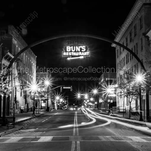 Matte Black MDF Framed Black and White Delaware Photograph: Historic Buns Restaurant in Downtown Delaware Ohio in a Square Matte Black MDF Frame