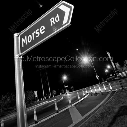 Matte Black MDF Framed Black and White New Albany Photograph: Morse and 62 Roundabout in a Square Matte Black MDF Frame