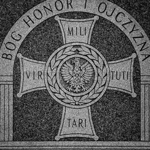 Matte Black MDF Framed Black and White Poland Photograph: Inscription on Memorial in Poland Town Square in a Square Matte Black MDF Frame