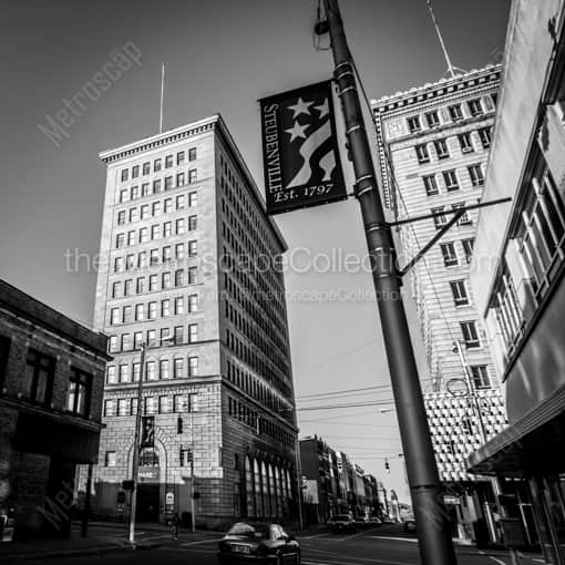 Matte Black MDF Framed Black and White Steubenville Photograph: Downtown Steubenville Ohio in a Square Matte Black MDF Frame