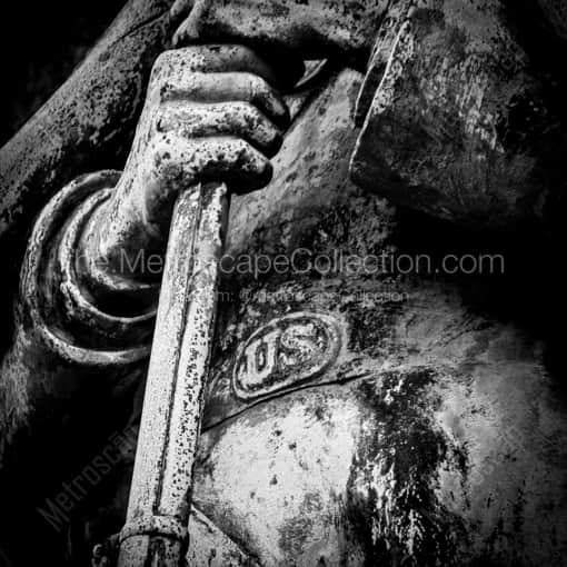 Matte Black MDF Framed Black and White Warren Photograph: Belt Buckle of the Union Soldier on the CIvil War Monument in a Square Matte Black MDF Frame