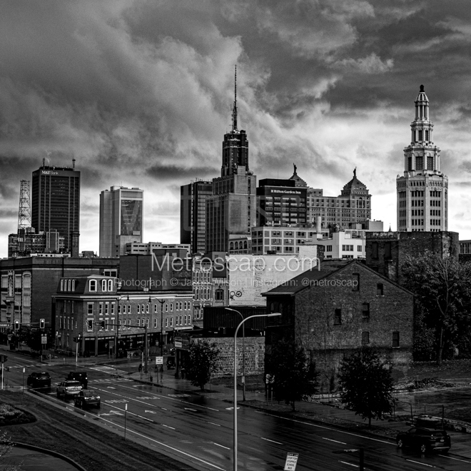Framed Black and White prints of  The Buffalo NY Skyline after Heavy Rain Storm in Buffalo, New York.