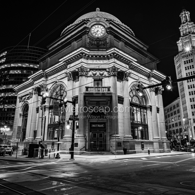 Framed Black and White prints of  The Buffalo Savings Bank Building at Night in Buffalo, New York.