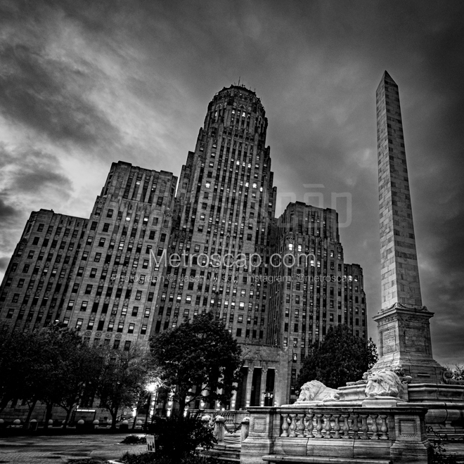Framed Black and White prints of  Niagara Square at Night in Buffalo, New York.
