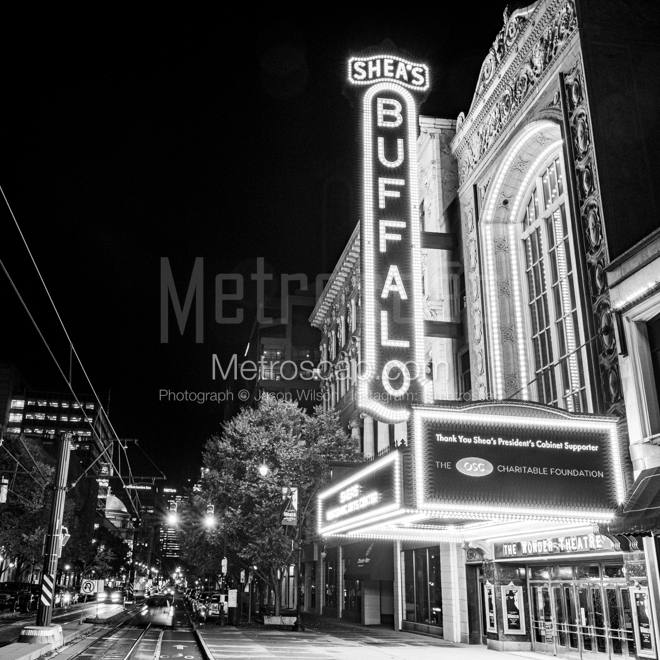 Framed Black and White prints of  Sheas Buffalo Theater Sign at Night in Buffalo, New York.