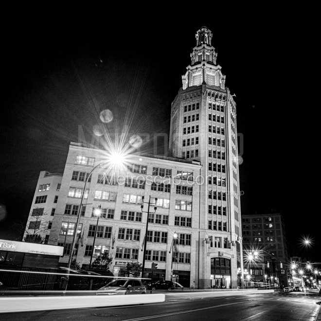 Framed Black and White prints of  The Electric Tower at Night in Buffalo, New York.