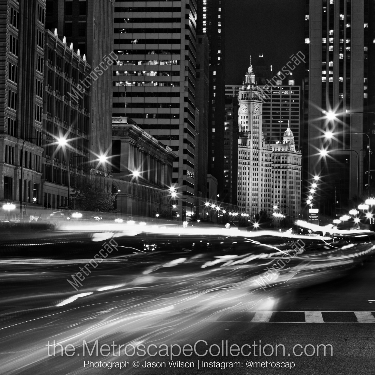 Chicago Wrigley Building Black and White Photo in a Matte Black Frame at 27.5-inches by 27.5-inches