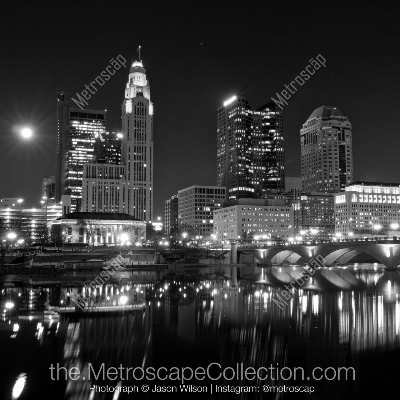 Columbus Skyline Black and White Photo in a Matte Black Frame at 42.5-inches by 42.5-inches