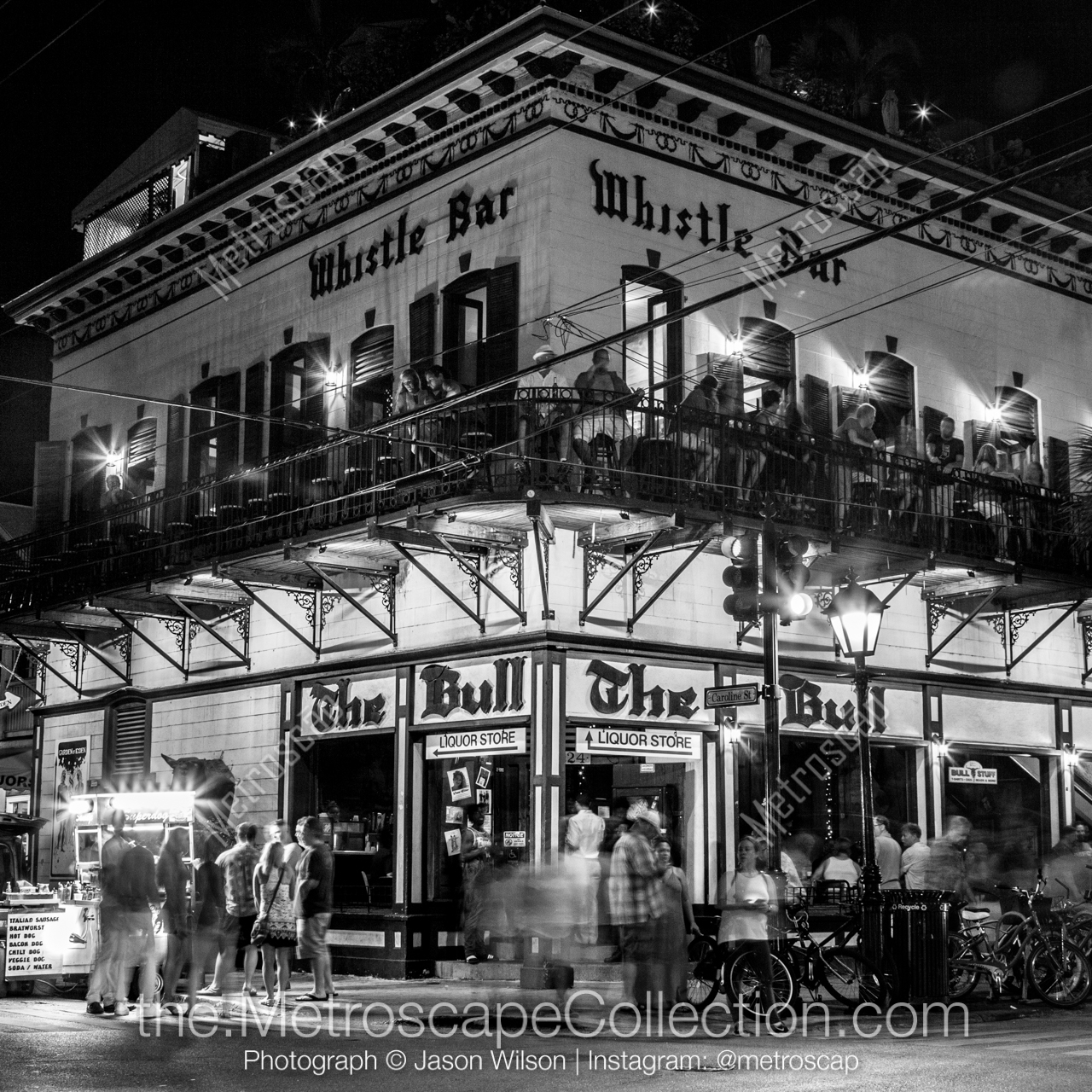 The Bull and Whistle Bar in Key West Black and White Photo in a Matte Black Frame at 22.5-inches by 22.5-inches