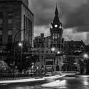 Black and White art of  Niagra Square Traffic at Night in Buffalo, New York.