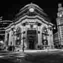 Black and White pics of  The Buffalo Savings Bank Building at Night in Buffalo, New York.