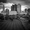 Black and White photography of  The Columbus City Skyline from the Lower Scioto Greenway in Columbus, Ohio.