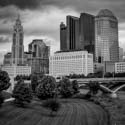 Black and White wall art of  Storm Clouds over the Downtown Columbus Skyline in Columbus, Ohio.