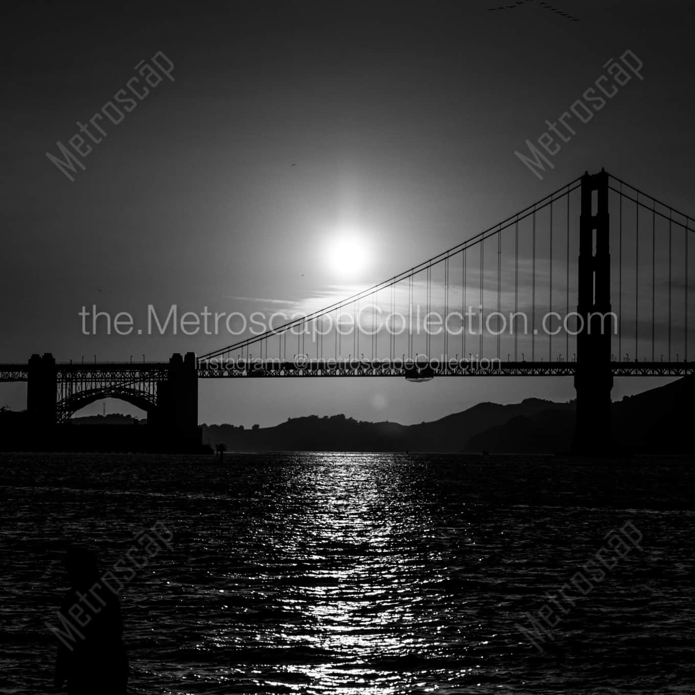 The Setting Sun Silhouettes the Golden Gate Bridge cityscape black and white Photos square crop
