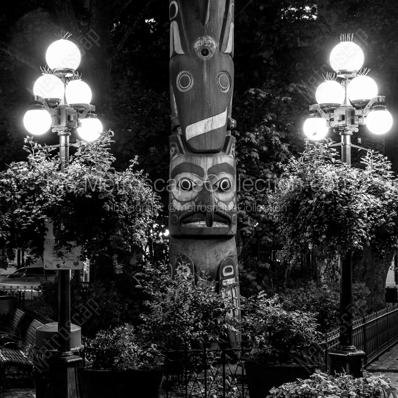 A Totem Pole in Pioneer Square cityscape black and white Photos square crop
