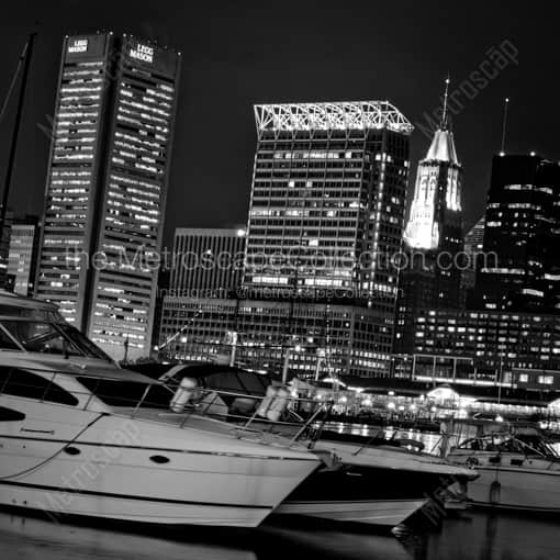Baltimore Framed Photos of The Baltimore Skyline Featuring the Legg Mason Building and Inner Harbor Boats The Baltimore Skyline Featuring the Legg Mason Building and Inner Harbor Boats -- Baltimore Black and White Framed Photos