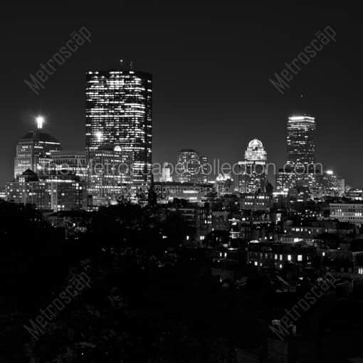 Boston Back Bay Skyline at Night -- Boston Black and White Framed Photos