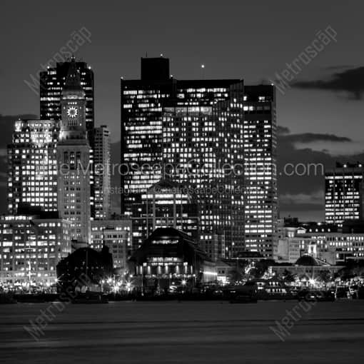 Long Wharf at night from East Boston Piers Park -- Boston Black and White Framed Photos