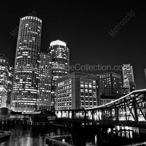 The Downtown Boston Skyline at Night -- Boston Black and White Framed Photos