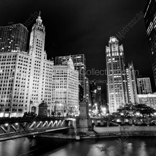 Matte Black WOOD Framed Black and White Chicago Photograph: Michigan Avenue at Night in a Square Matte Black Wood Frame