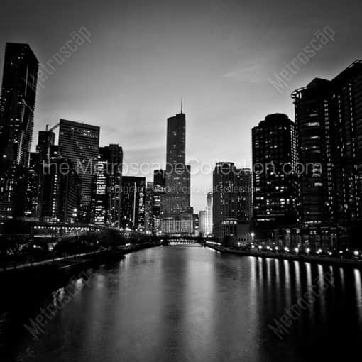 Matte Black WOOD Framed Black and White Chicago Photograph: The Trump Tower Looking Down the Chicago River in a Square Matte Black Wood Frame