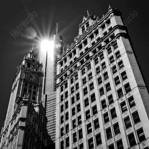 Chicago Framed Photos of The Morning Sun Reflects off of Trump Tower between the Wrigley Buildings The Morning Sun Reflects off of Trump Tower between the Wrigley Buildings -- Chicago Black and White Framed Photos